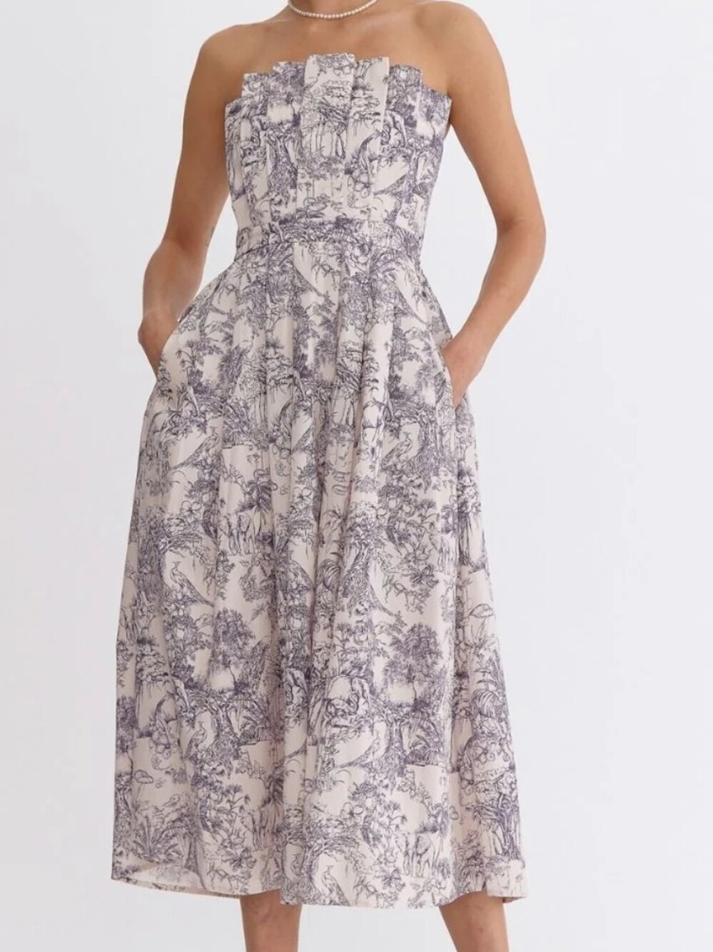 The Genevieve Cotton Mocha Brown Toile Strapless Midi Dress